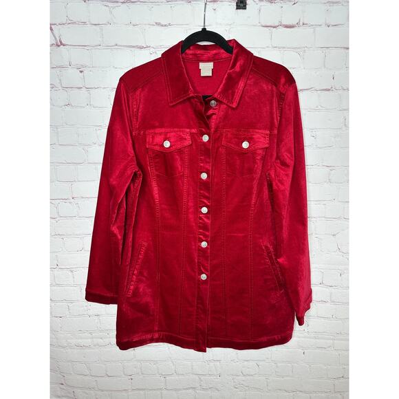 Chico’s Red Velveteen Long Jacket Womens Large - Picture 2 of 9
